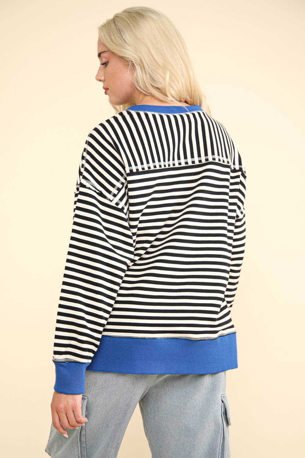 NT11927-Stripe Comfy Casual Oversized Knit Top: BLACK/WHITE / S-M-L/2-2-2