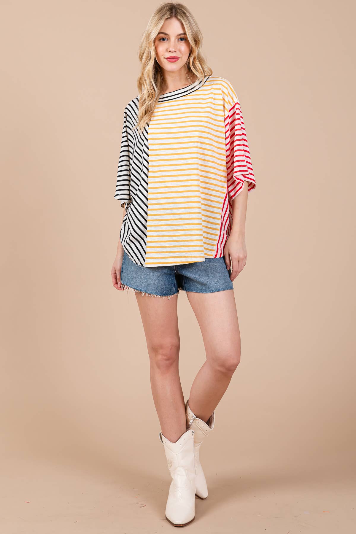Contrast Striped Short Sleeve Top / TY12950STA : BLACK/YELLOW/RED / S-M-L (2-2-2)
