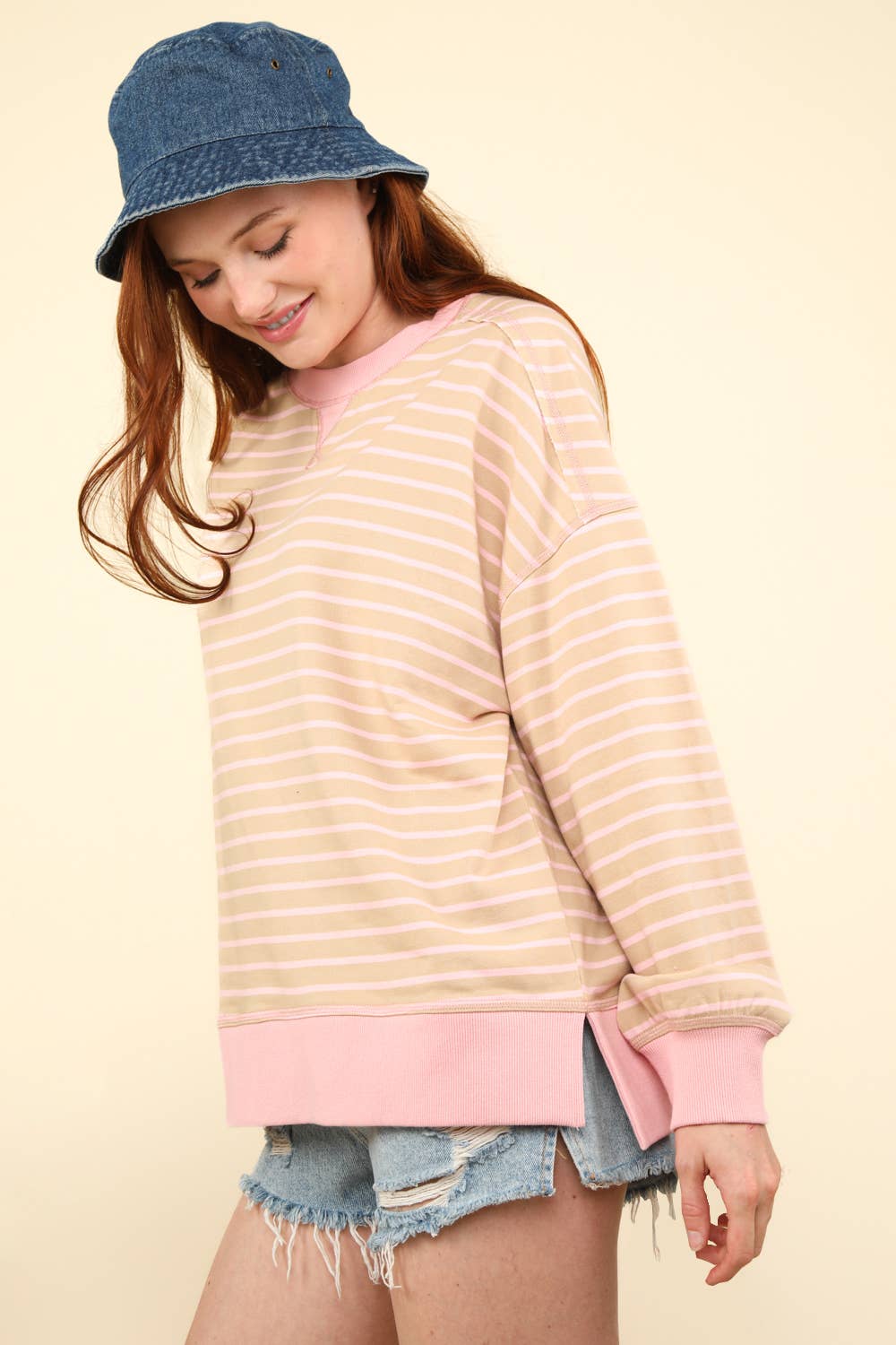 NT11927-Stripe Comfy Casual Oversized Knit Top: PINK/PURPLE / S-M-L/2-2-2