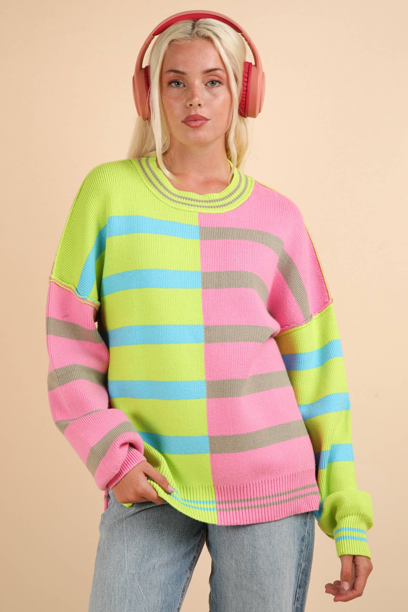 12W3185N-Color Block Oversized Striped Knit Sweater Top: ECRU / S-M-L/2-2-2