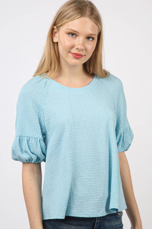 NT11467-Half Puff Sleeve Crinkle Knit Top: SKY / S-M-L/2-2-2