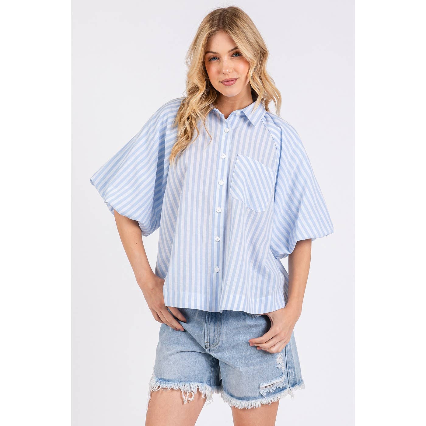 STRIPED PRINT SHORT PUFF SLEEVE BUTTON UP SHIRT: MUSTARD / M