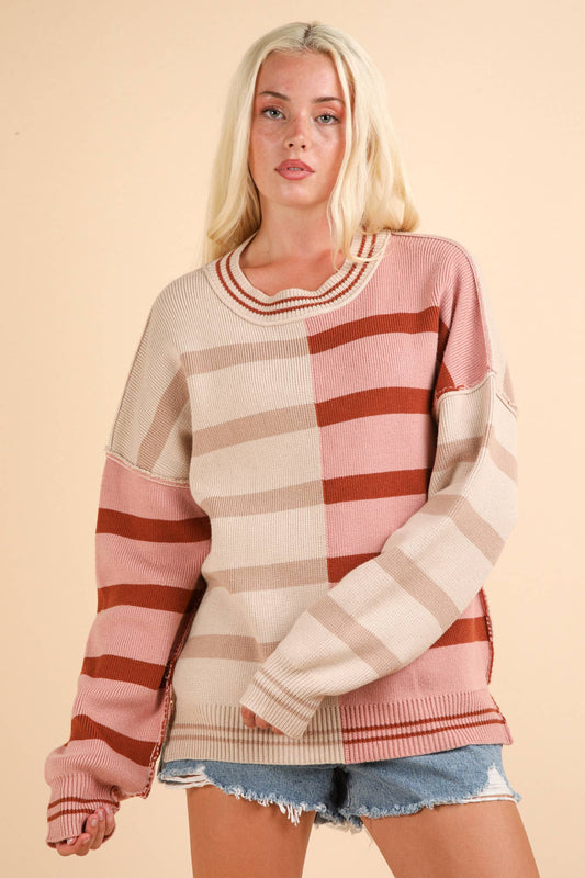 12W3185N-Color Block Oversized Striped Knit Sweater Top: ECRU / S-M-L/2-2-2