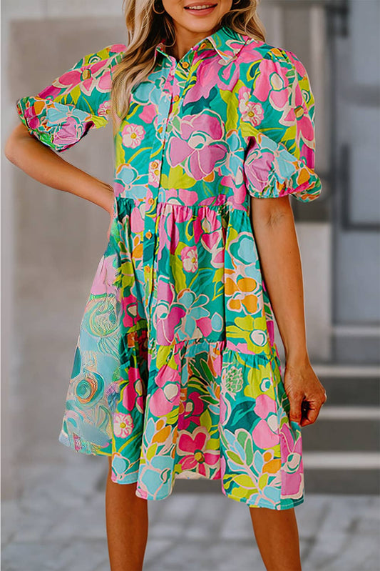 Women Floral Print Collared Loose Babydoll Mini Dress | S-XL: Missy / As shown / M