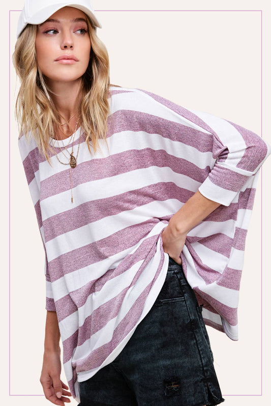 HUT7011A-Oversized Comfy Stripe Batwing Sleeve Top: Berry / L