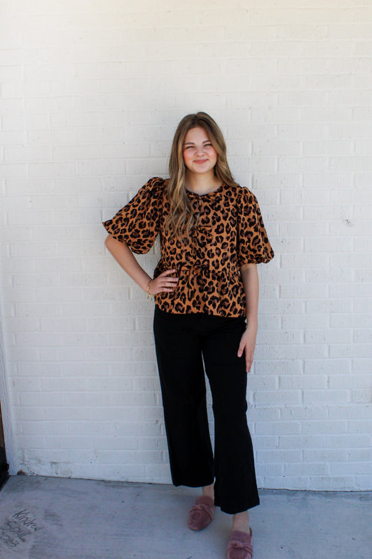 Leopard Bubble Sleeve Blouse