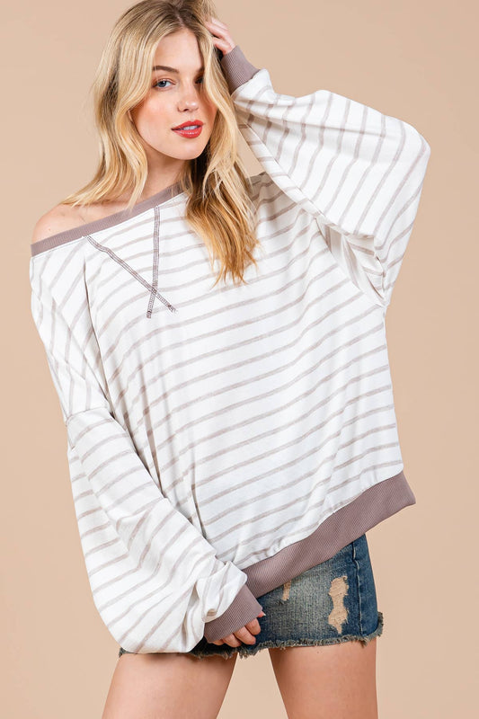 Striped Knit Drop Shoulder Sweater / TLU14174STA: TAUPE/MOCHA / S-M-L-XL (2-2-2-2)