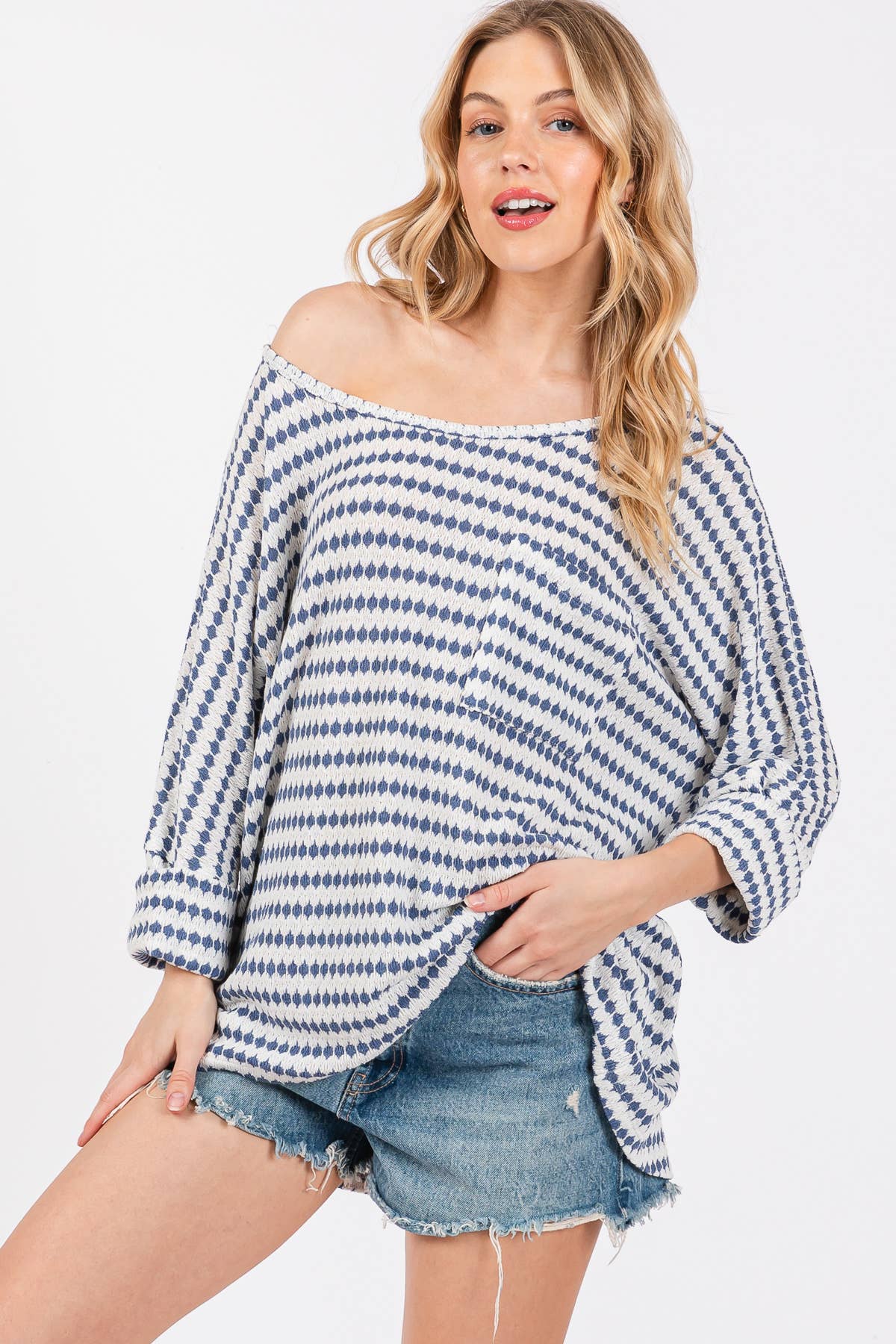 Knit Striped Round Neckline Top / TY12894SB: BLACK / S-M-L-XL (2-2-2-2)