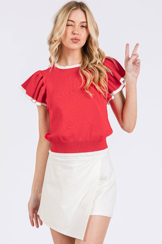 SWEATER KNIT RUFFLE SLEEVE CONTRAST CROP TOP: RED / S-M-L(2-2-2)