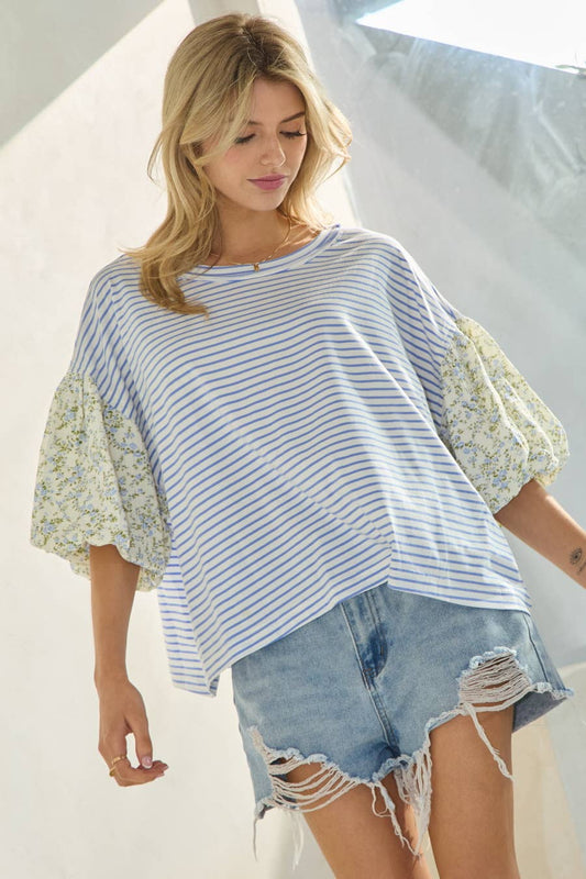 Striped Knit Pullover Top: Periwinkle / L