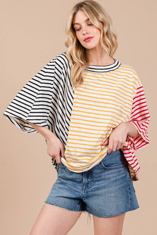 Contrast Striped Short Sleeve Top / TY12950STA : BLACK/YELLOW/RED / S-M-L (2-2-2)