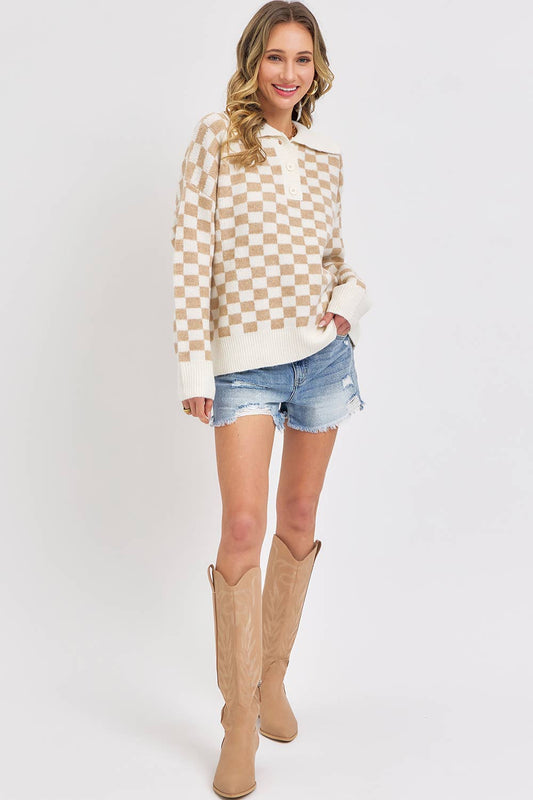 PLAID HALF BUTTONED COLLARED SWEATER: Beige / Contemporary / L