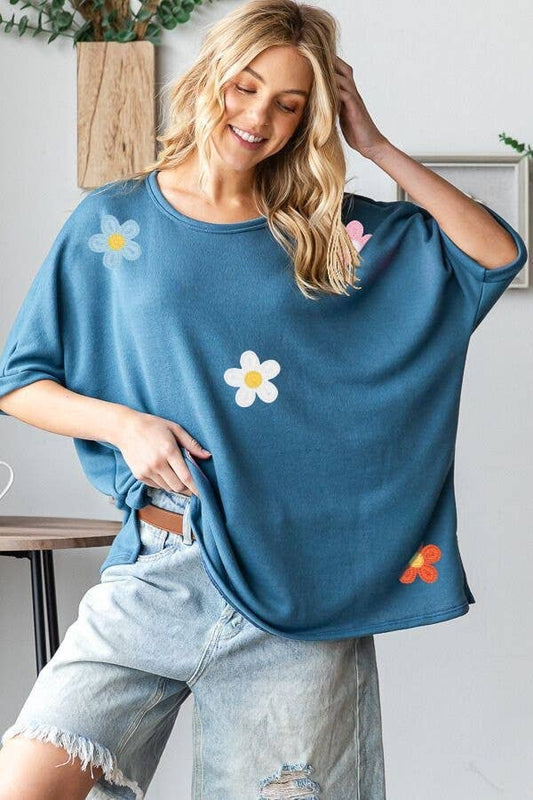 Western Crochet Floral Patch Oversized Top- HT12451 : Blue / M