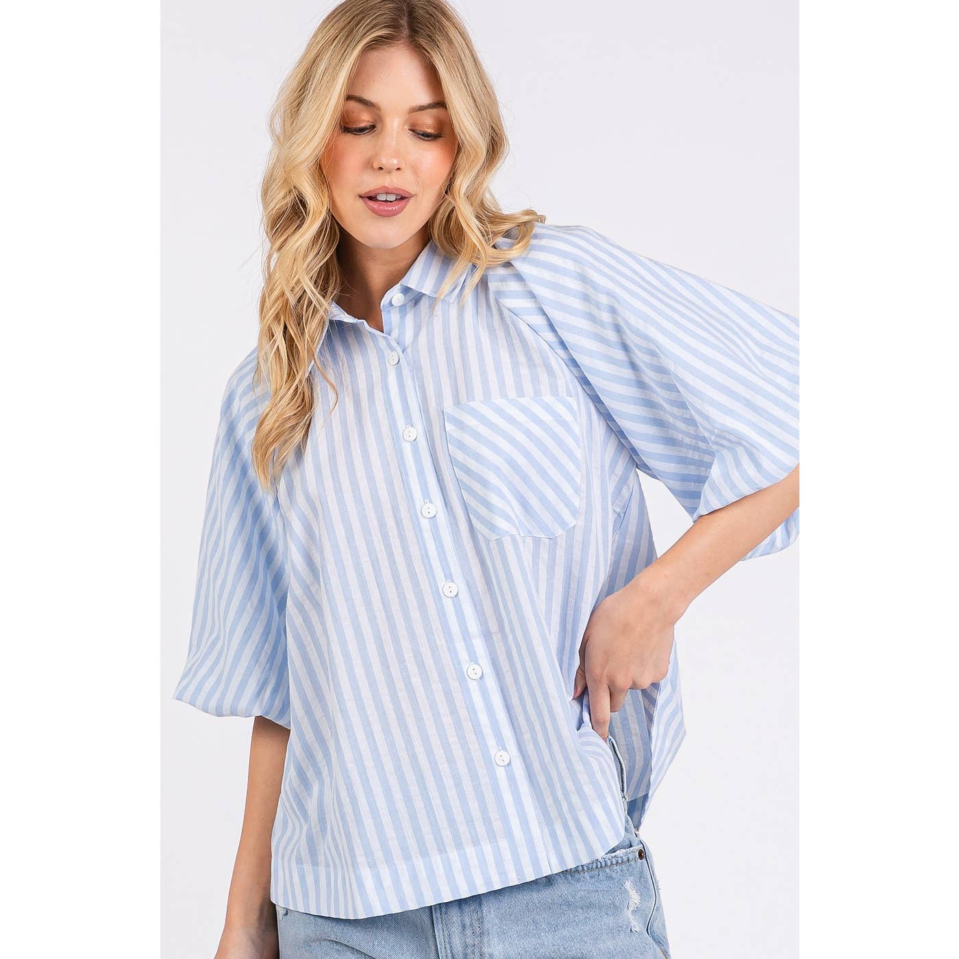 STRIPED PRINT SHORT PUFF SLEEVE BUTTON UP SHIRT: MUSTARD / M
