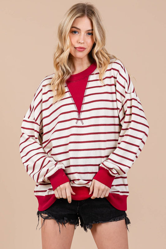 TU13591N / Gameday Inspired Striped Pullover: CRIMSON/NATURAL / 2-2-2-2 (S-M-L-XL)