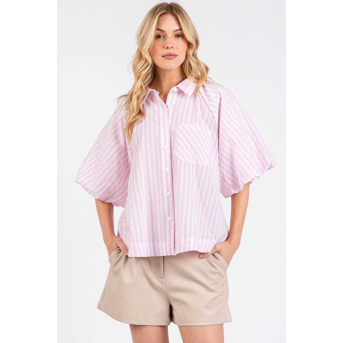 STRIPED PRINT SHORT PUFF SLEEVE BUTTON UP SHIRT: MUSTARD / M