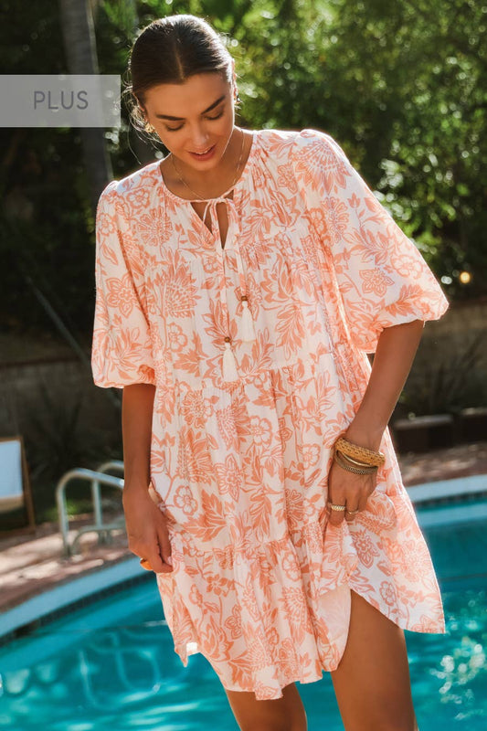 Plus Boho Printed Baby Doll Mini Dress: Peach Wave / XL