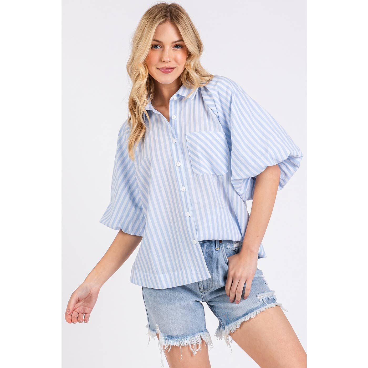 STRIPED PRINT SHORT PUFF SLEEVE BUTTON UP SHIRT: MUSTARD / M