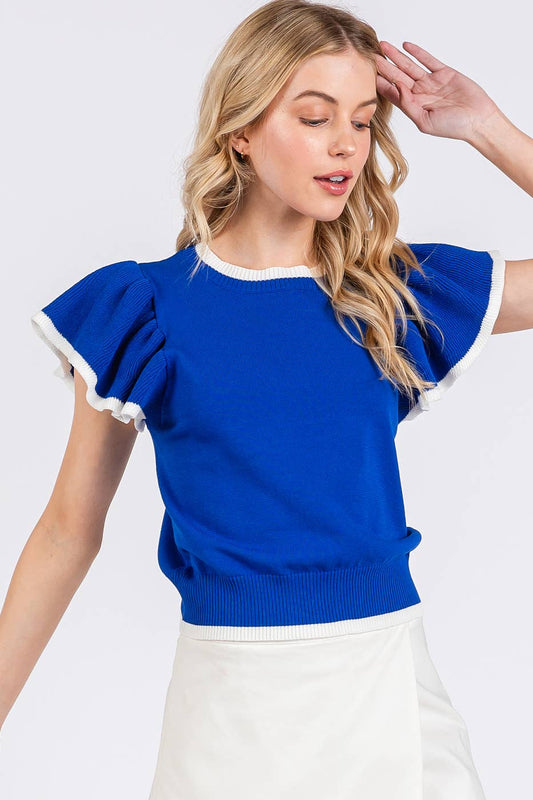 SWEATER KNIT RUFFLE SLEEVE CONTRAST CROP TOP: COBALT BLUE / S-M-L(2-2-2)