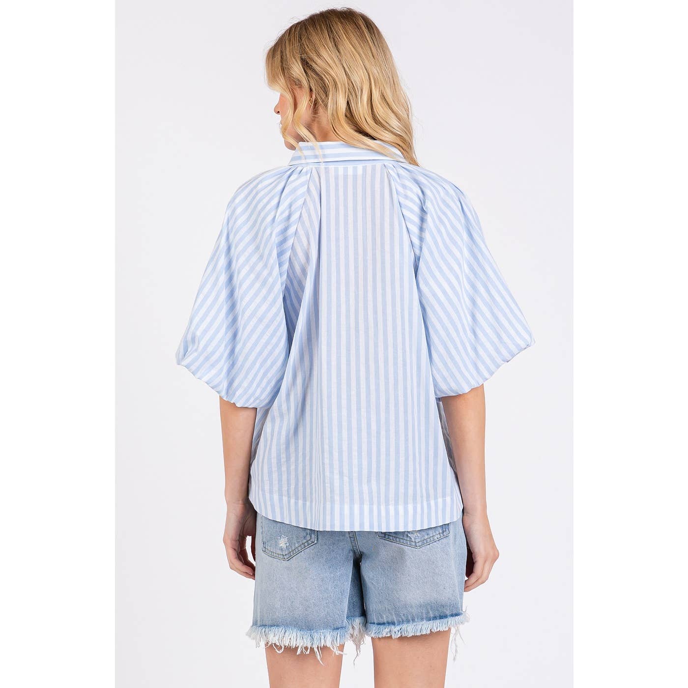 STRIPED PRINT SHORT PUFF SLEEVE BUTTON UP SHIRT: MUSTARD / M