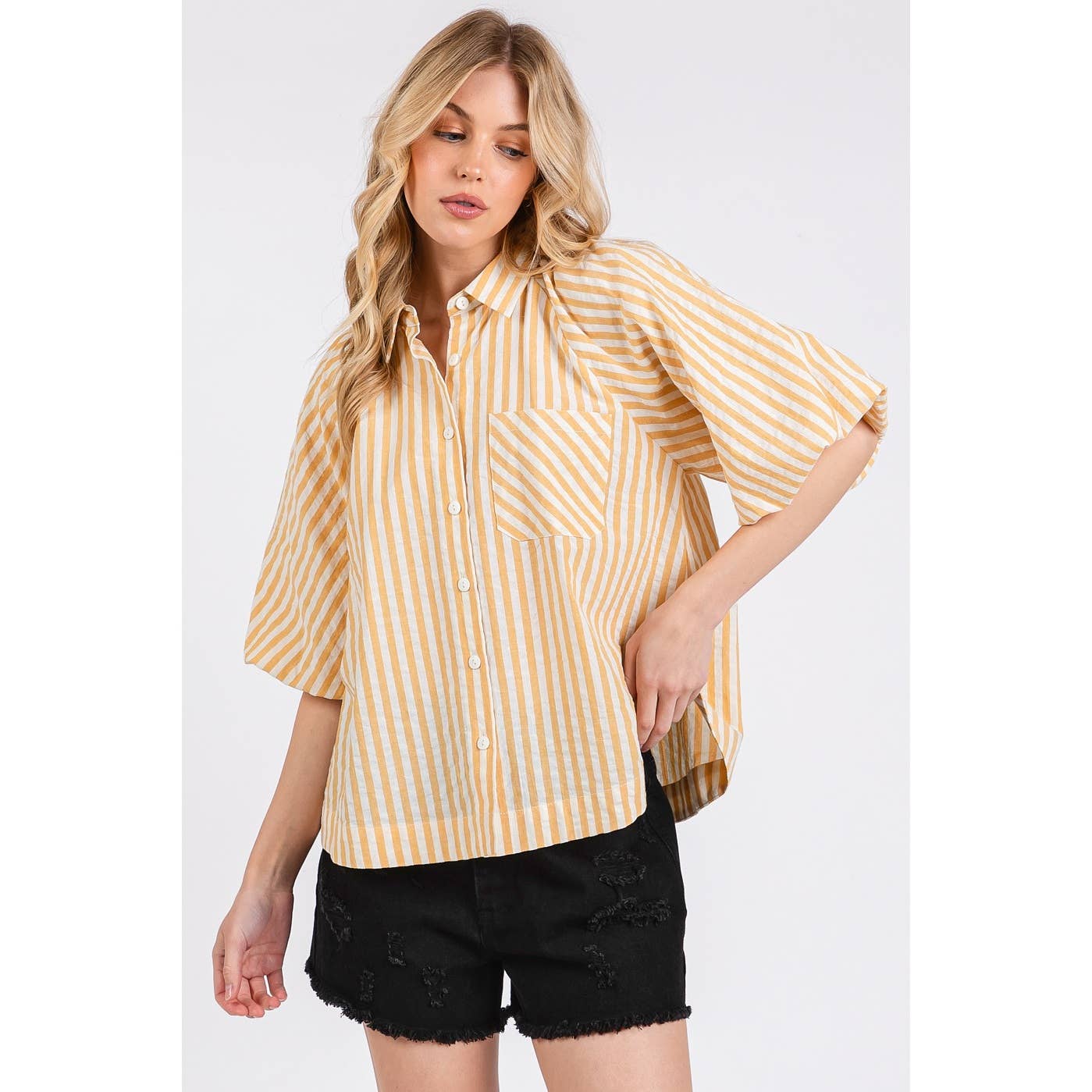 STRIPED PRINT SHORT PUFF SLEEVE BUTTON UP SHIRT: MUSTARD / M
