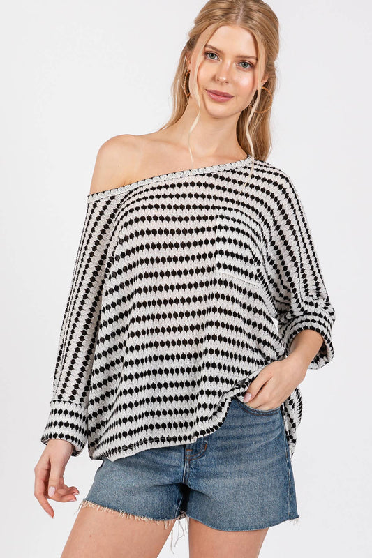 Knit Striped Round Neckline Top / TY12894SB: BLACK / S-M-L-XL (2-2-2-2)