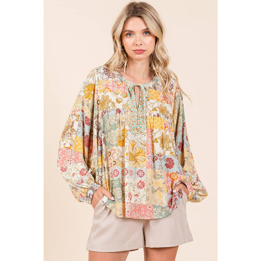 BOHO PATCHWORK PRINT LONG SLEEVE BLOUSE: SAGE / S/M-M/L(3-3)