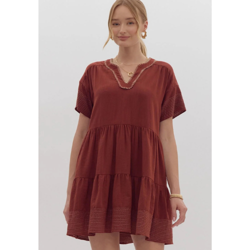 Stitched Bliss Mini Dress- Brown