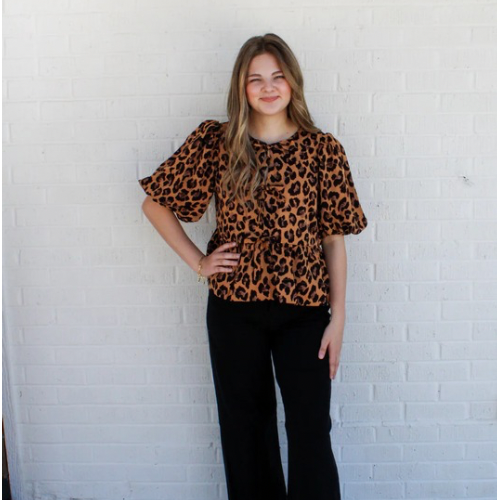 Leopard Bubble Sleeve Blouse