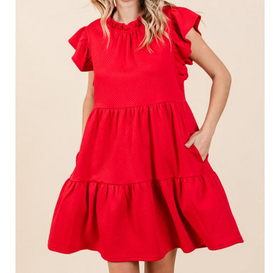 Cherry Red Button Back Flutter Dress