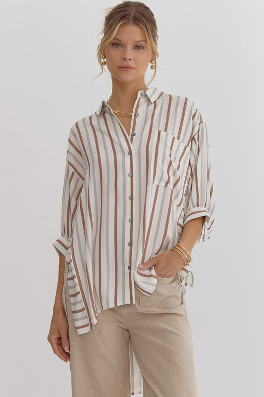 Classic Stripe Detail Blouse- Brown