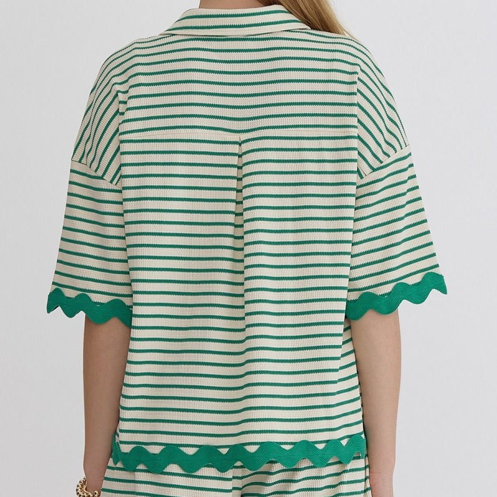 Green Stripe Ric Rac Trimmed Shirt