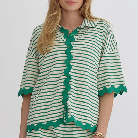 Green Stripe Ric Rac Trimmed Shirt