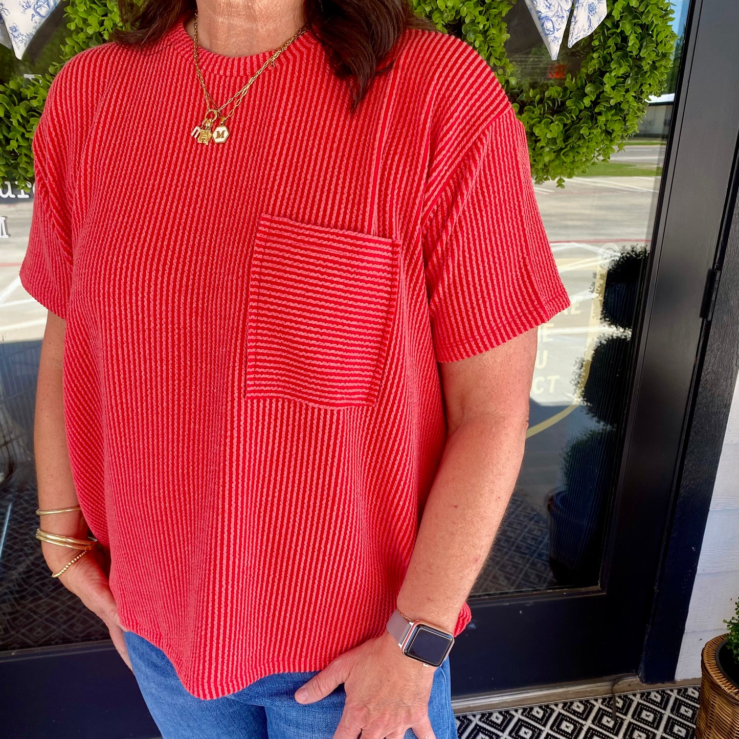 Breezy Ribbed Tee (Ruby)