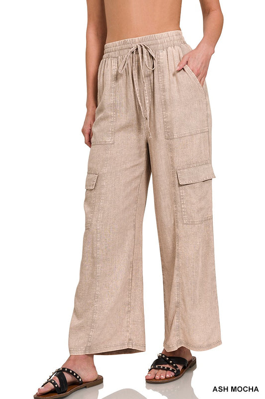 LinenEase Elastic Waist Cargo Pants