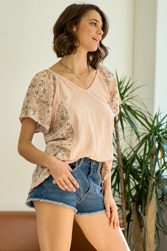 Multi-Texture Frill Sleeve Blouse