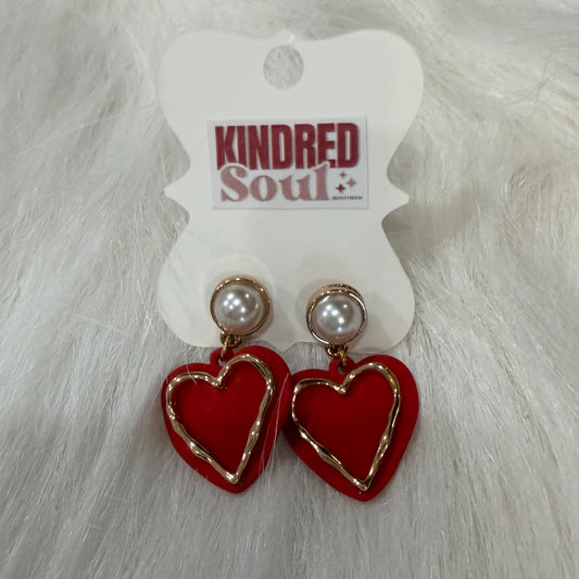 Pearl & Red Heart Dangle Earrings
