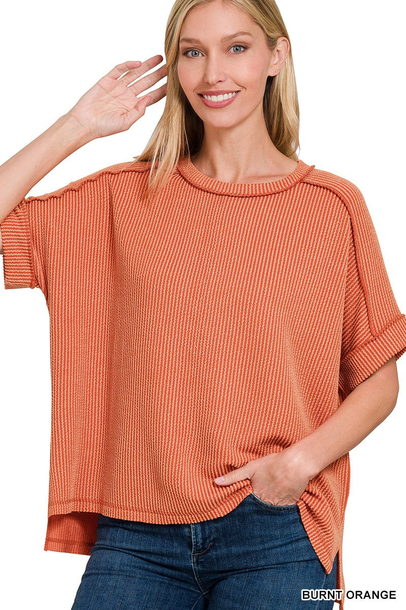 Rustic Ribbed Cuff Top- Burnt Orange