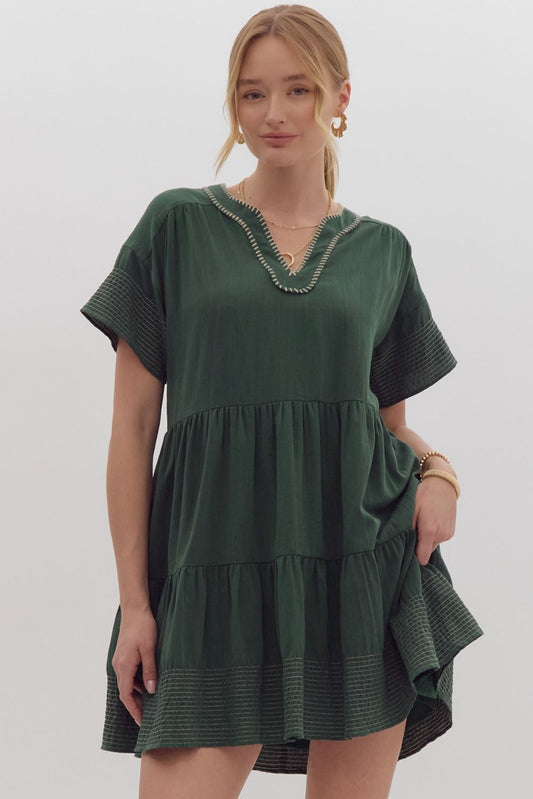 Stitched Bliss Mini Dress- Green