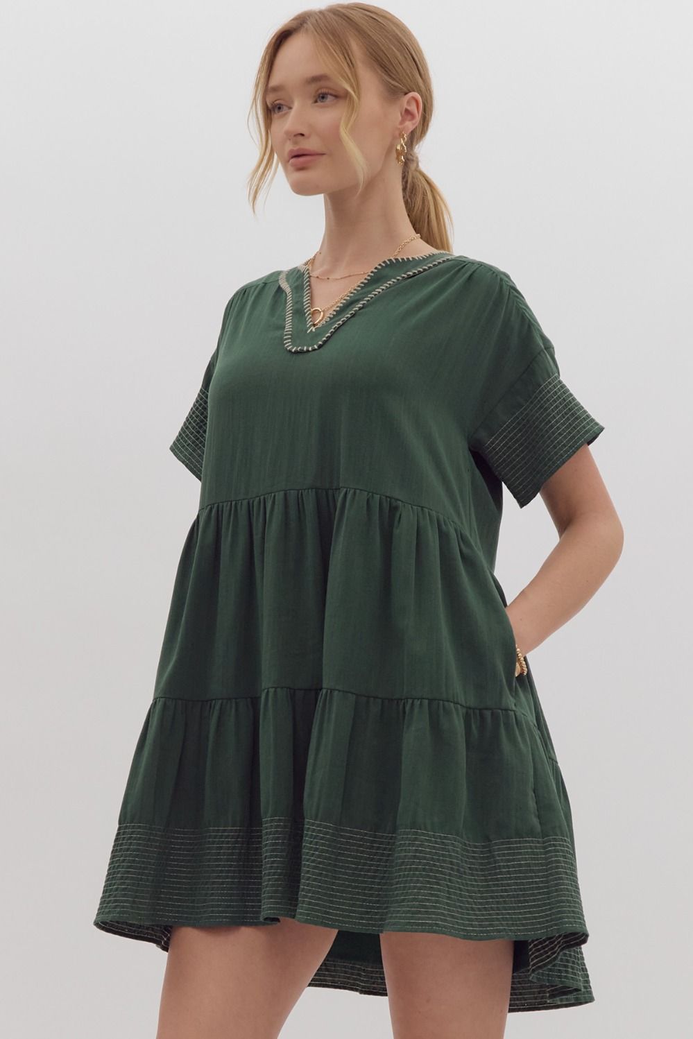 Stitched Bliss Mini Dress- Green