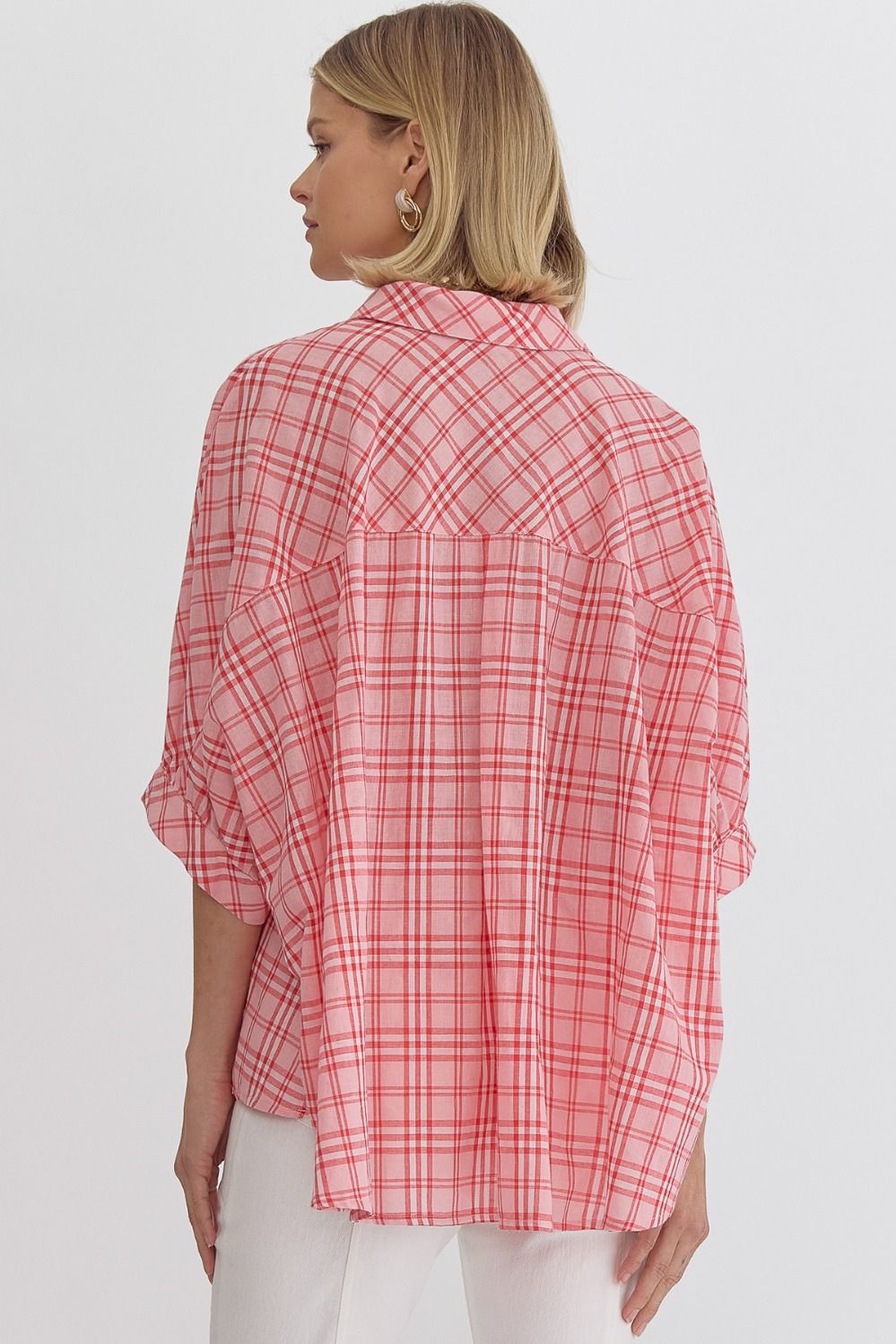 Stylish Slit Plaid Blouse