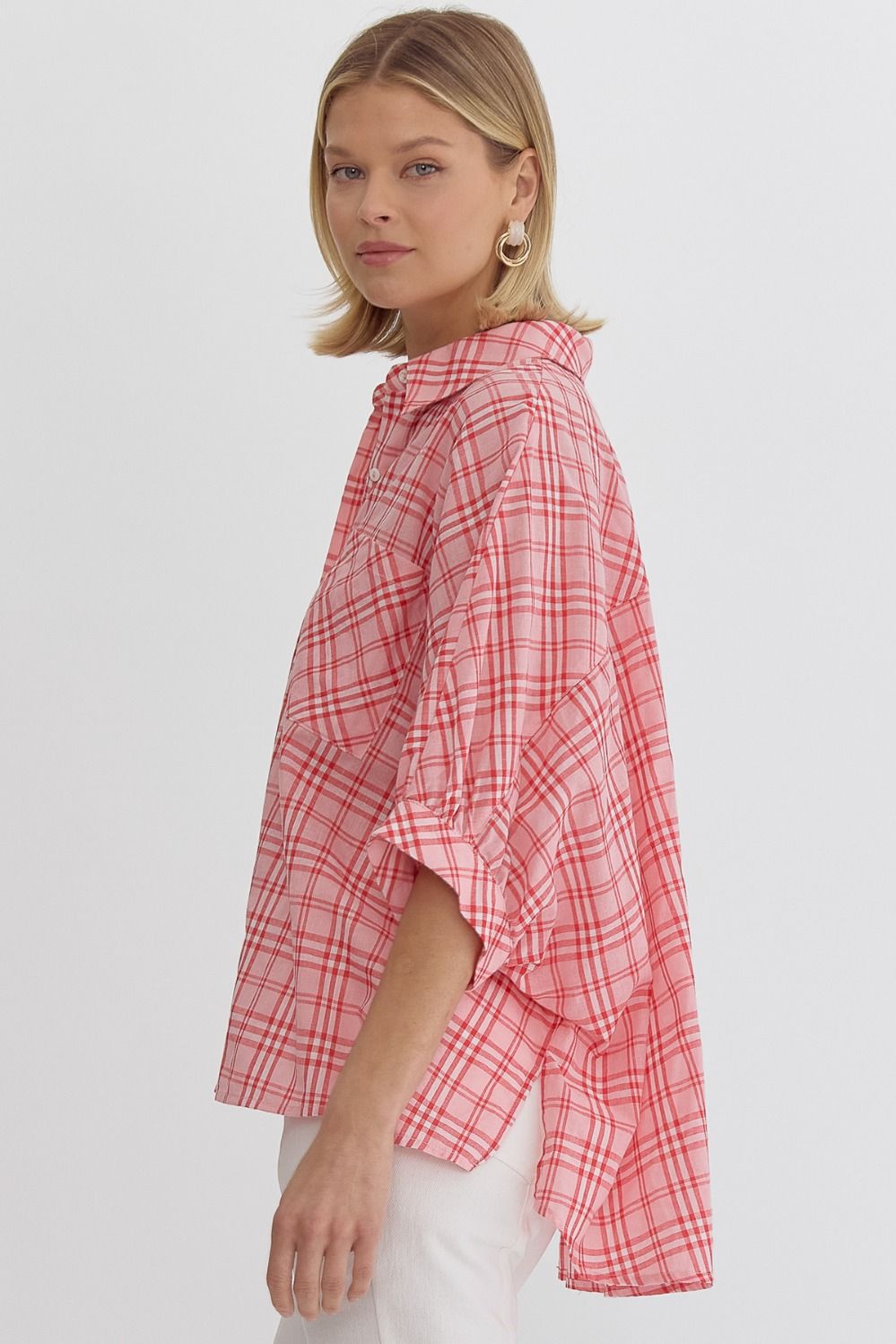 Stylish Slit Plaid Blouse