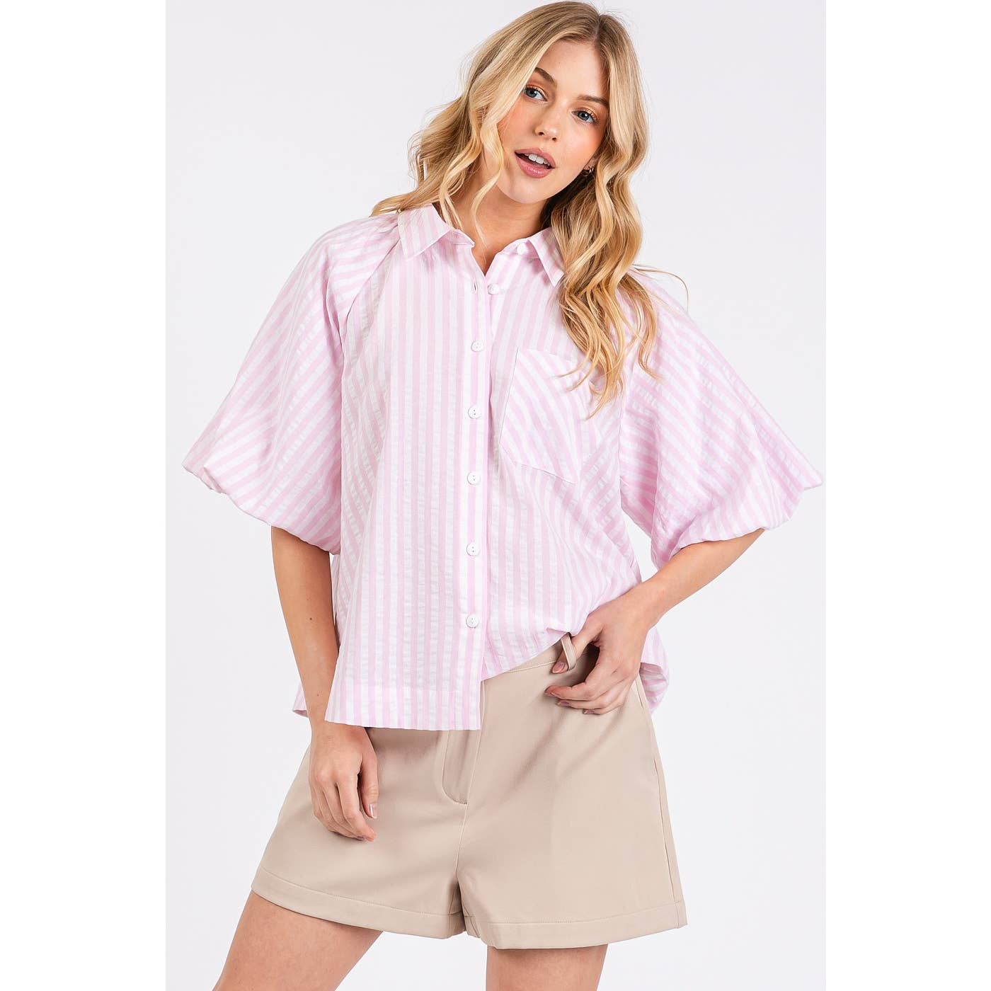 STRIPED PRINT SHORT PUFF SLEEVE BUTTON UP SHIRT: MUSTARD / M