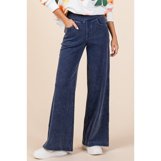 WASHED DENIM ELASTIC WAISTBAND WIDE LEG PANTS: DENIM / S-M-L(2-2-2)