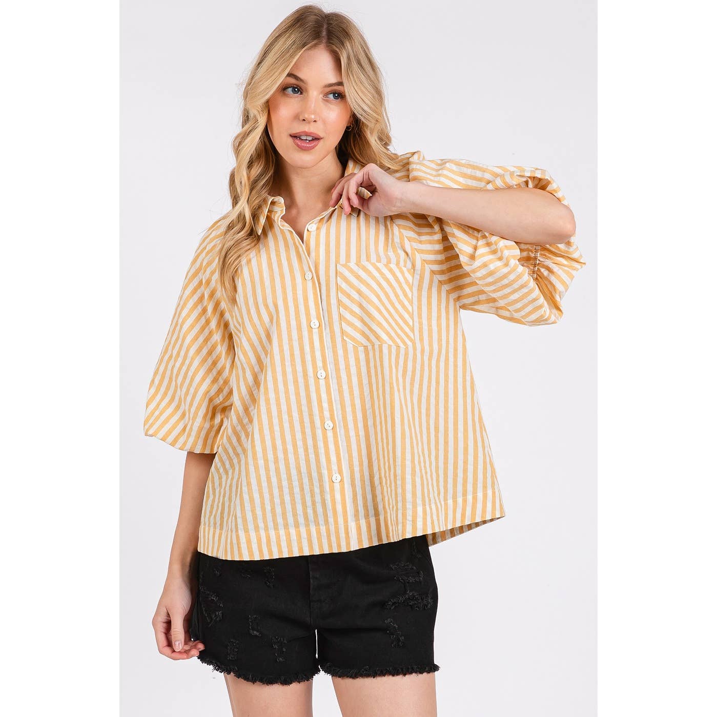 STRIPED PRINT SHORT PUFF SLEEVE BUTTON UP SHIRT: MUSTARD / M