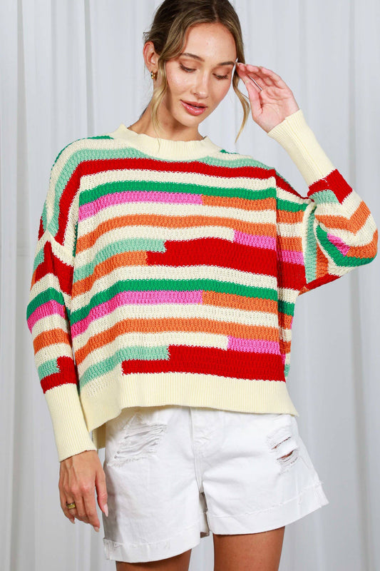 Crew Neck Color Block Striped Cotton Crochet Sweater VT82541: Multi / S