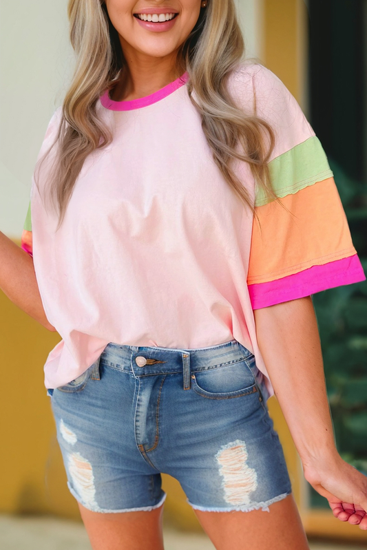 Women Casual Color Block Stitching Sleeve Loose  Top | S-XL: Missy / As shown / S