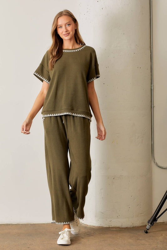 EMBROIDERED RIBBED ELASTIC WAIST PANT: OLIVE / M