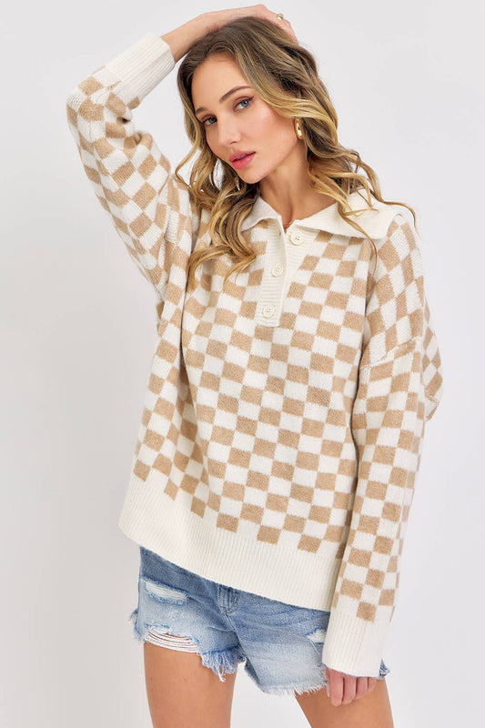 PLAID HALF BUTTONED COLLARED SWEATER: Beige / Contemporary / S