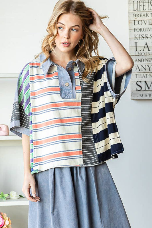 WASHED STRIPE MIX SHORT SLEEVE TOP - JT0415: BLUE / S